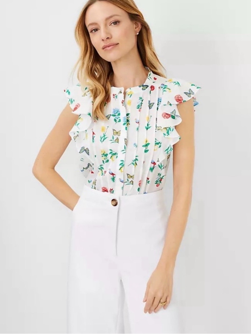 NWOT Ann Taylor Botanical Floral Flutter Sleeve Blouse